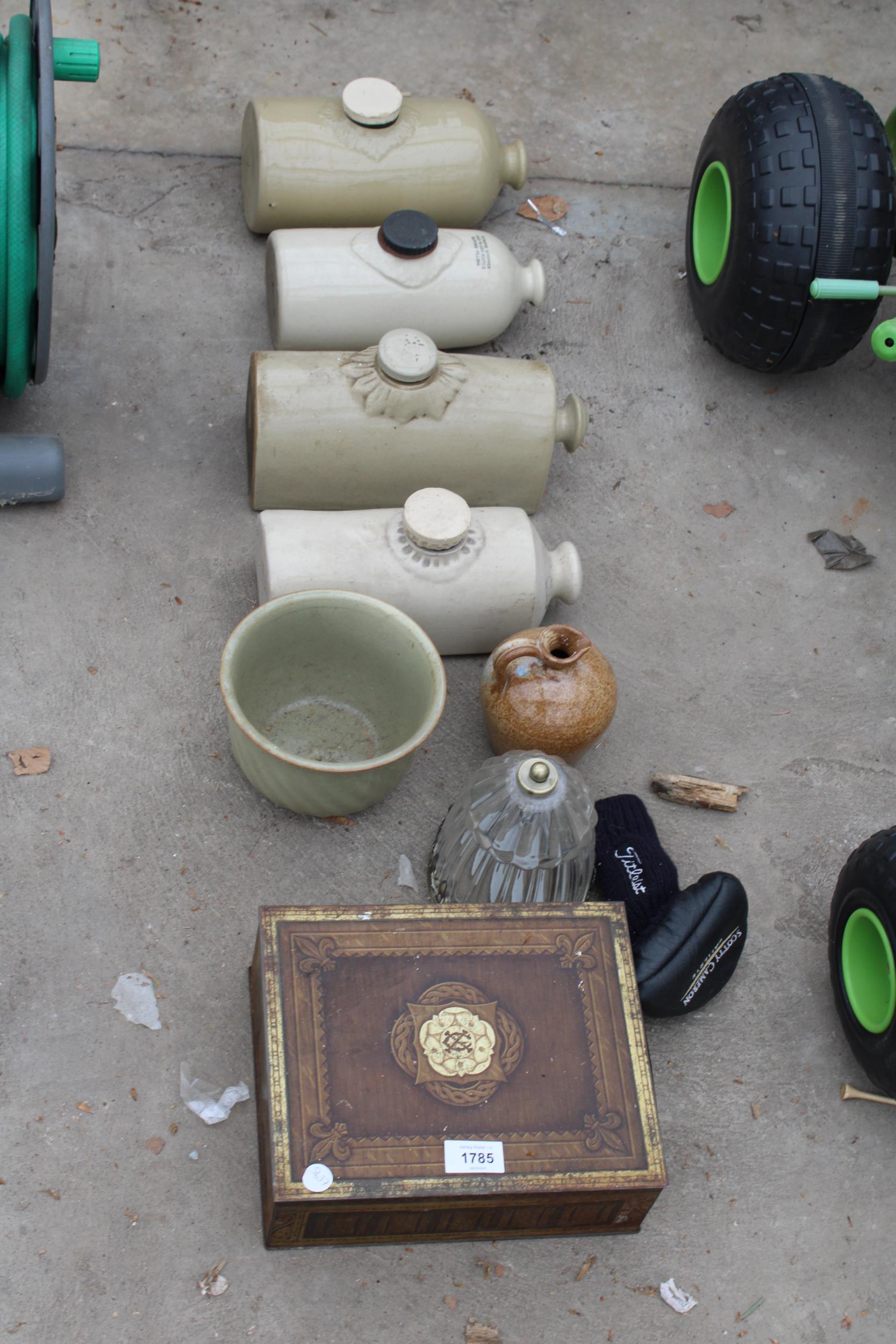 AN ASSORTMENT OF ITEMS TO INCLUDE FOUR STONEWARE HOT WATER BOTTLES AND A TREEN BOX ETC