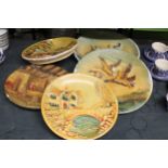 FIVE LARGE 3-D CHALKWARE VINTAGE PLATES WITH IMAGES OF HOUSES AND DUCKS