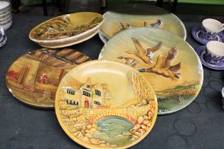 FIVE LARGE 3-D CHALKWARE VINTAGE PLATES WITH IMAGES OF HOUSES AND DUCKS