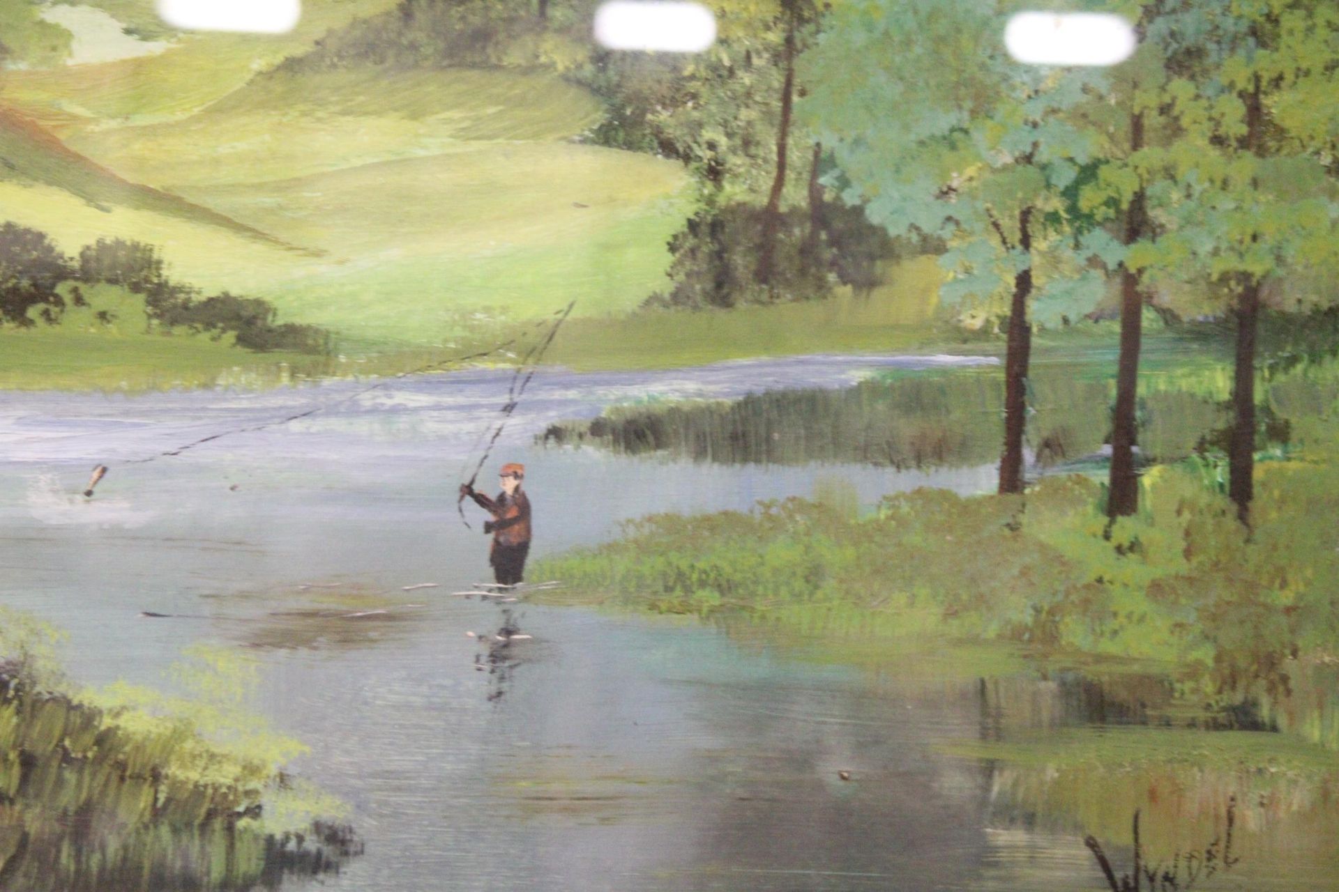 AFRAMED OIL PAINTING, 'THE TROUT FISHERMAN', SIGNED, WYNDEL, 23" X 19" - Image 2 of 6