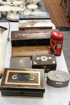 NINE VINTAGE TINS AND BOXES TO INCLUDE A POST BOX MONEY BOX, CASH TIN, PENCIL BOX, GLOVE BOX, ETC