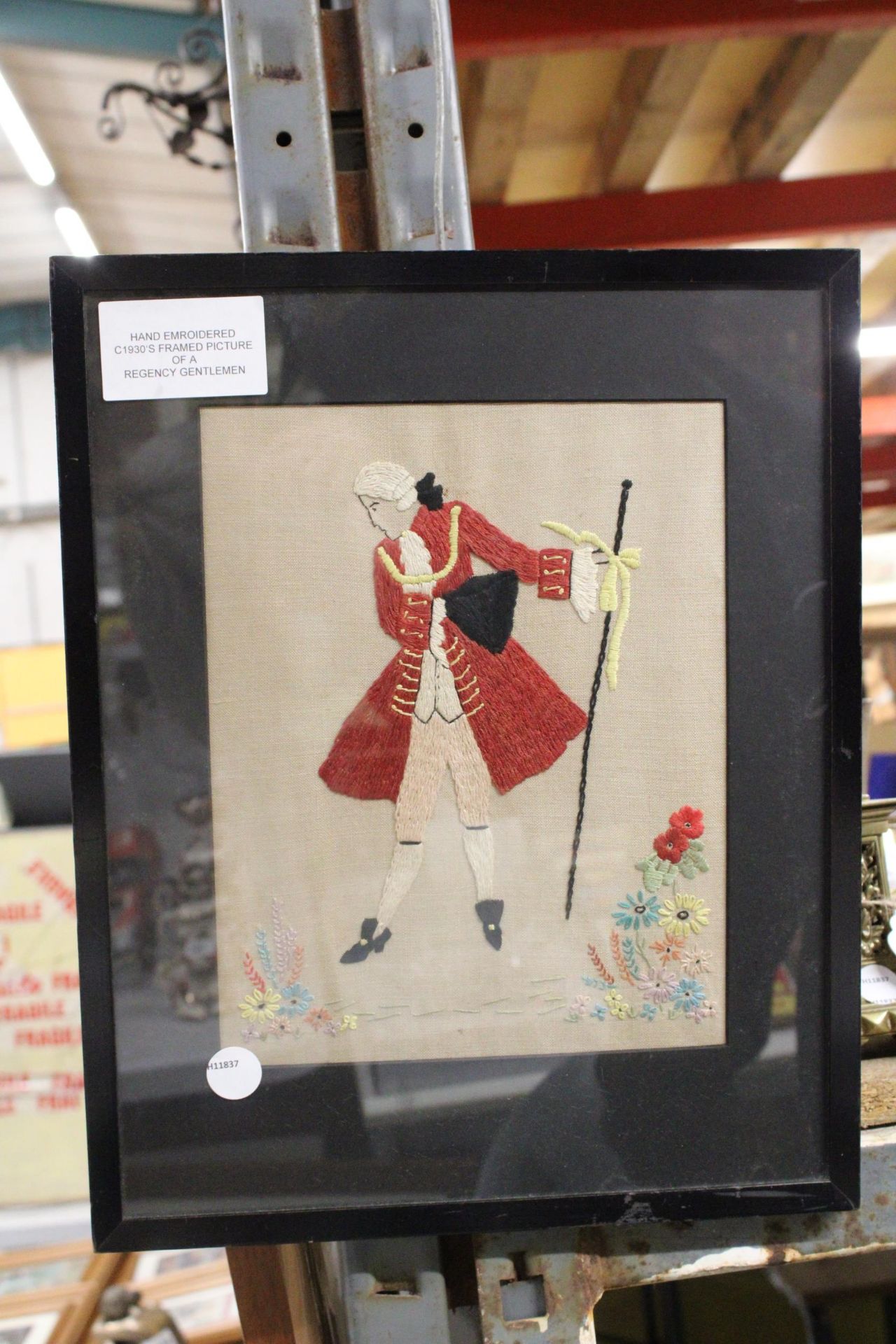 A HAND EMBROIDERED CIRCA 1930'S FRAMED PICTURE OF A REGENCY GENTLEMAN