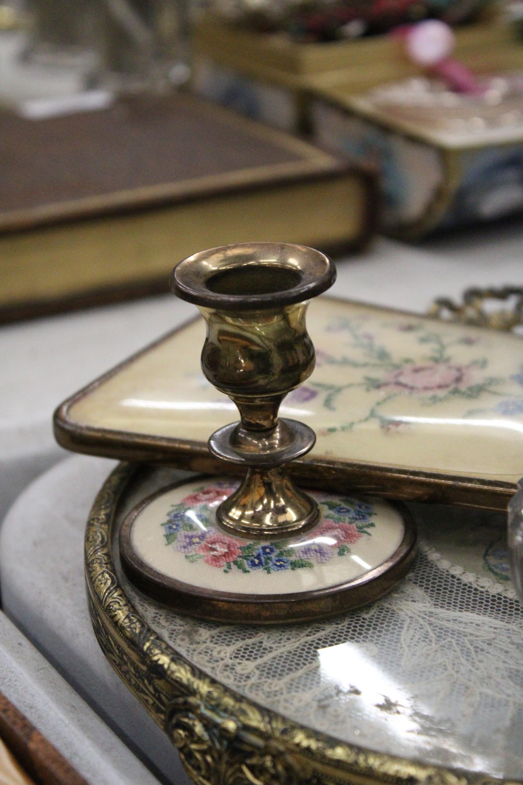 A VINTAGE 'PETIT-POINT' DRESSING TABLE SET TO INCLUDE, CANDLESTICKS, A HAND MIRROR, LIDDED TRINKET - Image 3 of 5