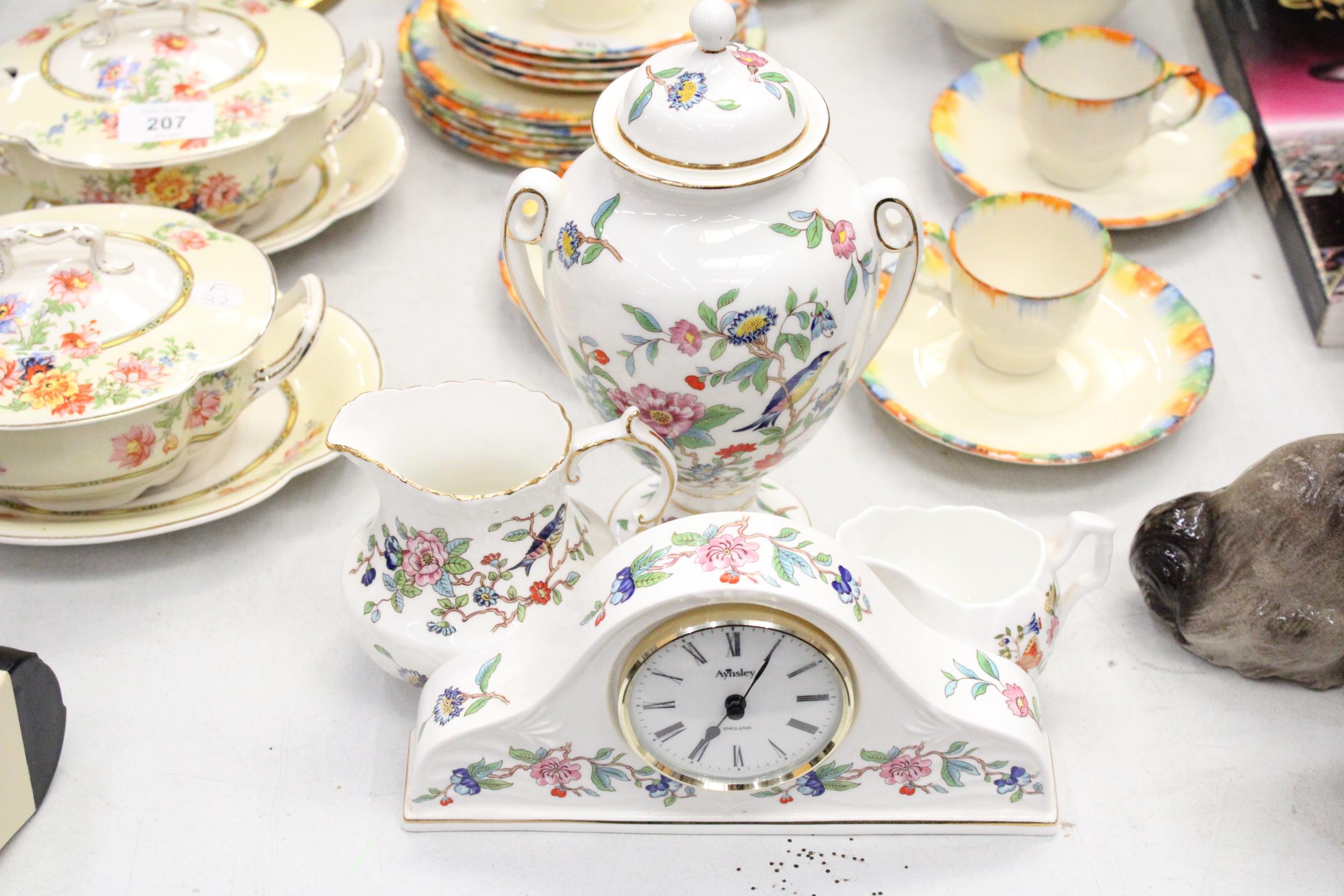 FOUR PIECES OF AYNSLEY 'PEMBROKE' AND 'COTTAGE GARDEN', TO INCUDE A MANTLE CLOCK, JUGS AND A