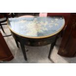 AN ORIENTAL STYLE DEMI-LUNE SIDE TABLE WITH CHINOISERIE DECORATION AND SINGLE DRAWER, 36" WIDE