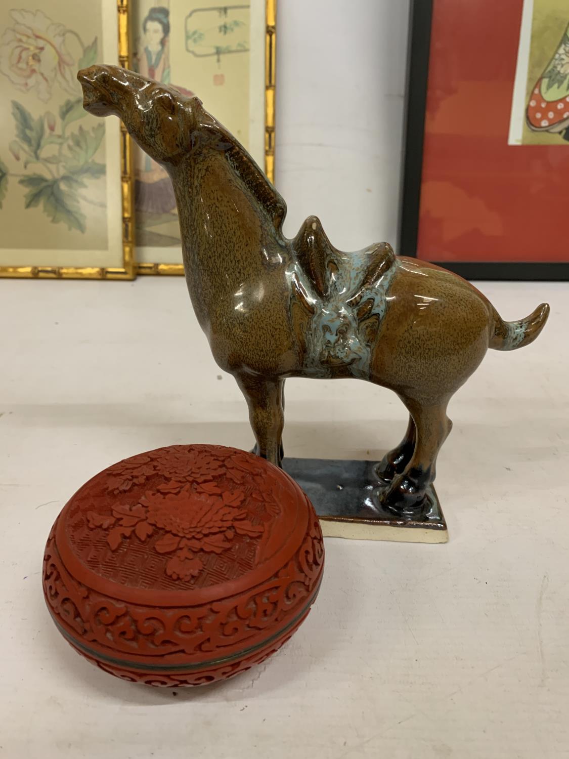 A CHINESE CARVED CINNABAR LACQUER TRINKET BOX WITH BLUE ENAMEL INNER TOGETHER WITH A TANG DYNASTY