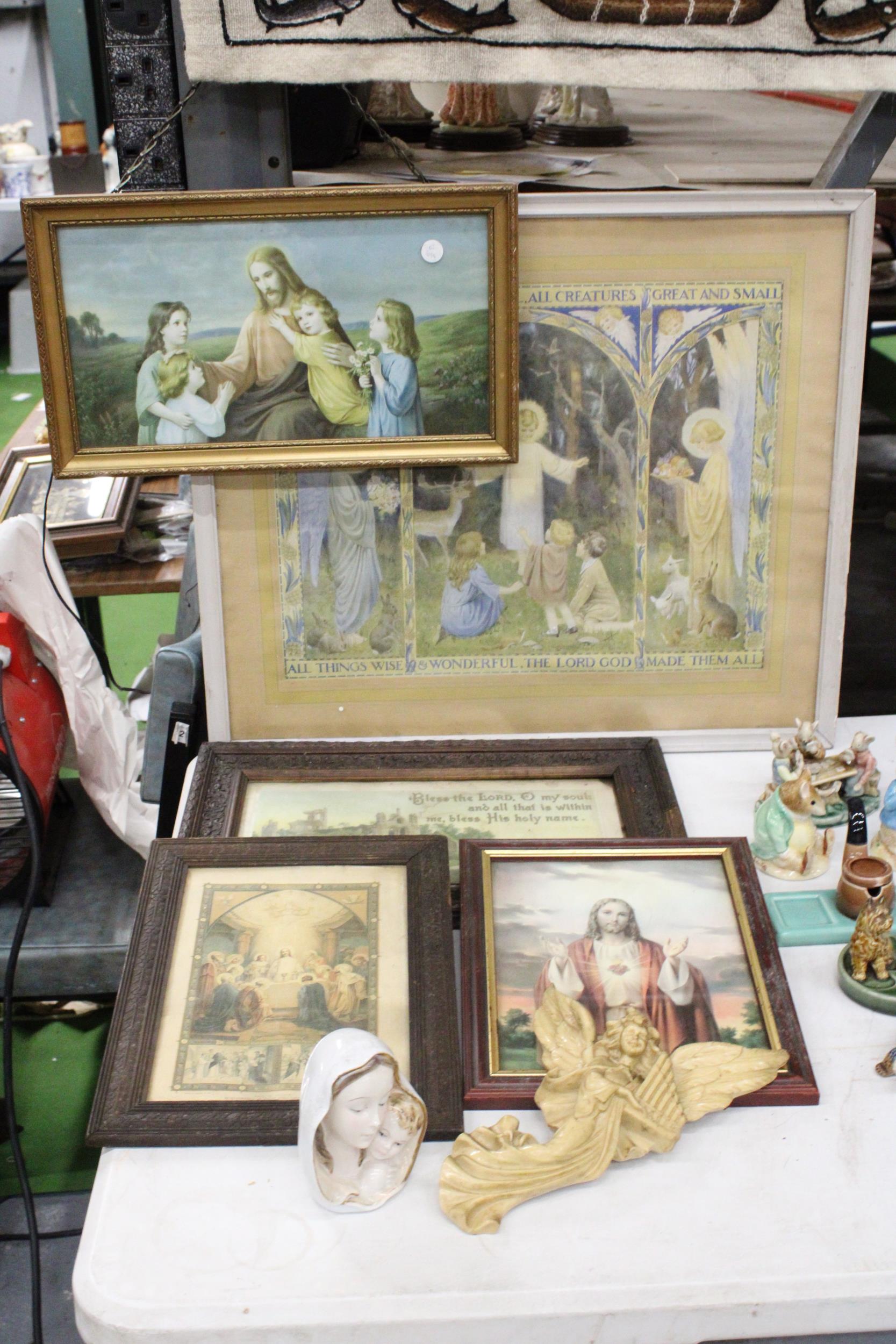 A COLLECTION OF RELIGIOUS ITEMS TO INCLUDE, FIVE FRAMED PRINTS, A MARY AND JESUS BUST AND A WALL