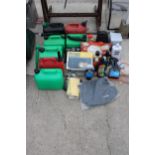 AN ASSORTMENT OF ITEMS TO INCLUDE A 12V COMPRESSOR, PETROL CANS AND CAR OILS ETC