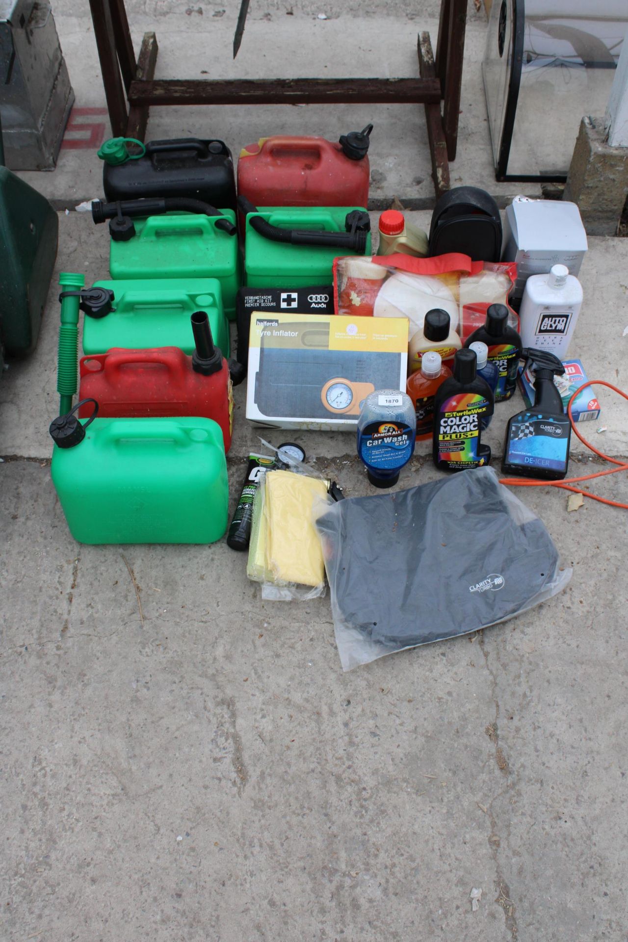 AN ASSORTMENT OF ITEMS TO INCLUDE A 12V COMPRESSOR, PETROL CANS AND CAR OILS ETC