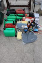 AN ASSORTMENT OF ITEMS TO INCLUDE A 12V COMPRESSOR, PETROL CANS AND CAR OILS ETC