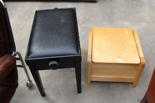 A MODERN BLACK ADJUSTABLE PIANO STOOL AND HARDWOOD BOX/STOOL