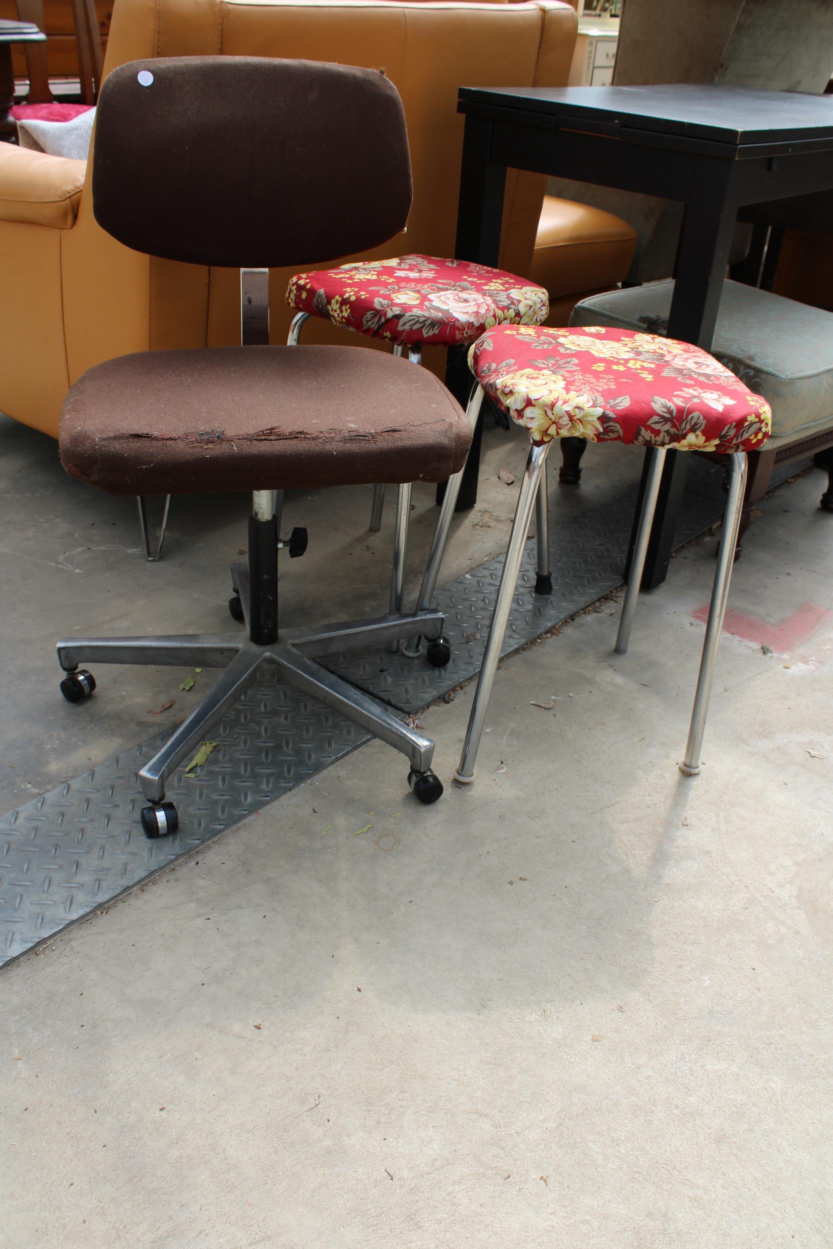 A MODERN BLACK DRAW-LEAF TABLE, UPHOLSTERED STOOL ON TURNED LEGS, OFFICE CHAIR AND A PAIR OF - Image 2 of 3