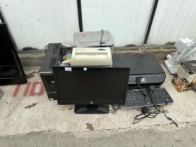 AN ASSORTMENT OF COMPUTER ITEMS TO INCLUDE A HP TOWER, A HP MONITOR AND A PRINTER ETC