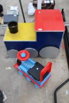 A RIDE ALONG THOMAS THE TANK ENGINE AND A WOODEN TRAIN STORAGE BOX