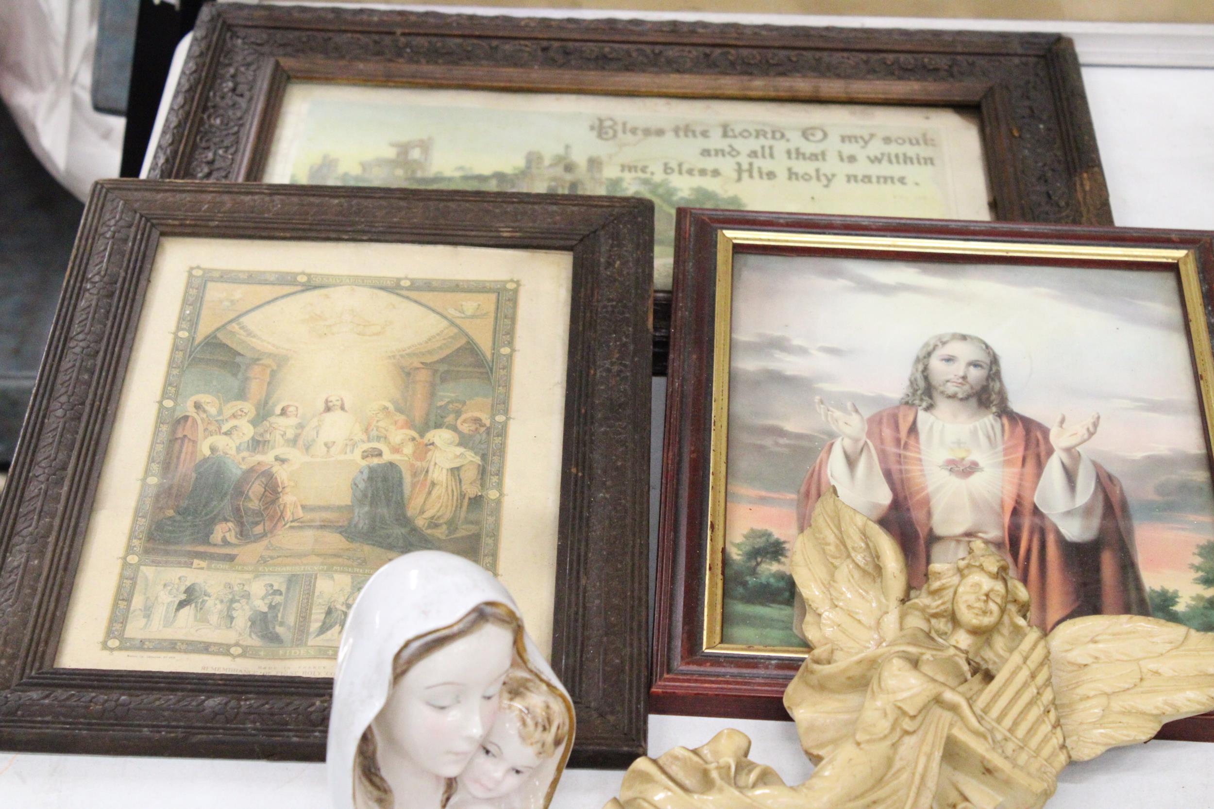A COLLECTION OF RELIGIOUS ITEMS TO INCLUDE, FIVE FRAMED PRINTS, A MARY AND JESUS BUST AND A WALL - Image 3 of 6