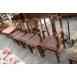 A SET OF FIVE MAHOGANY HEPPLEWHITE STYLE DINING CHAIRS, ONE BEING A CARVER