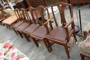 A SET OF FIVE MAHOGANY HEPPLEWHITE STYLE DINING CHAIRS, ONE BEING A CARVER