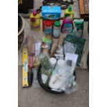 AN ASSORTMENT OF GARDEN ITEMS TO INCLUDE PLANT FEED, POTS AND STAKES ETC