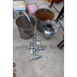 AN ASORTMENT OF ITEMS TO INCLUDE A STAINLESS STEEL BUCKET, A GALVANISED BUCKET AND BATHROOM TAPS ETC