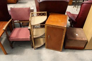 A MID 20TH CENTURY OAK CHILDS ELBOW CHAIR, BAMBOO AND WICKER CORNER STAND AND WALNUT LOCKER