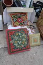 AN ASSORTMENT OF MATERIAL, LACE AND TAPESTRY CUSHIONS