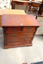 A 19TH CENTURY STYLE MAHOGANY CHEST OF TWO SHORT AND THREE LONG GRADUATED DRAWERS, 31" WIDE