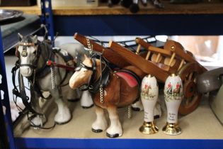 TWO VINTAGE SHIRE HORSE AND CARTS TOGETHER WITH TWO PUB HANDLES