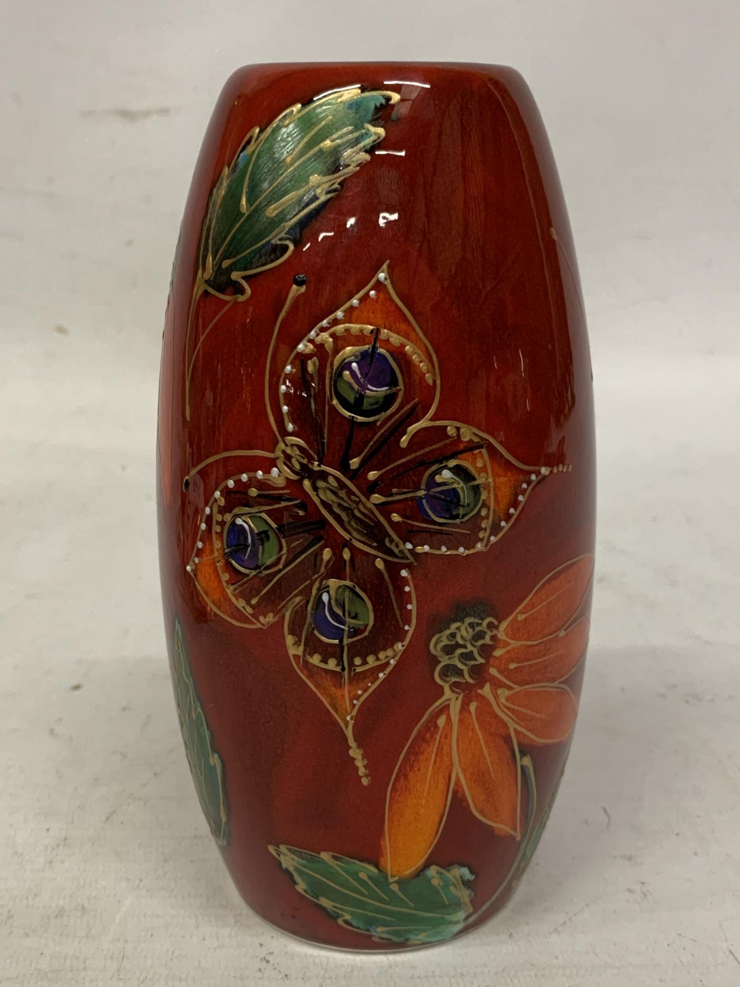 AN ANITA HARRIS BUTTERFLY VASE SIGNED IN GOLD