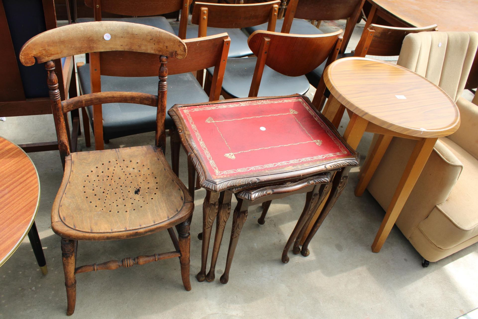 A NEST OF THREE TABLES, 20" DIAMETER OCCASIONAL TABLE AND BEDROOM CHAIR