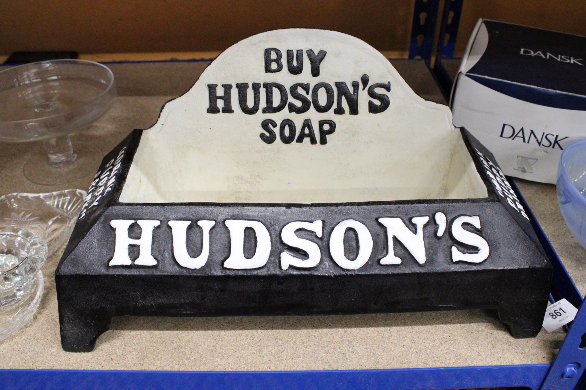 A LARGE CAST DOG WATER BOWL ADVERITISING HUDSON SOAPS