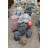 TEN CONCRETE GARDEN FIGURES TO INCLUDE A PHONE BOX, MONKIES AND A POST BOX ETC