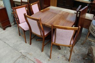 A RETRO HARDWOOD EXTENDING DINING TABLE, 41" X 39" (2 LEAVES 19.5" EACH) AND FOUR CHAIRS