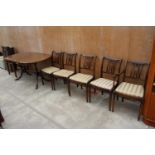 A REGENCY STYLE PEDESTAL DINING TABLE AND FIVE CHAIRS