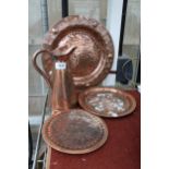 FOUR COPPER ITEMS TO INCLUDE A JUG AND THREE CHARGERS