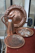 FOUR COPPER ITEMS TO INCLUDE A JUG AND THREE CHARGERS