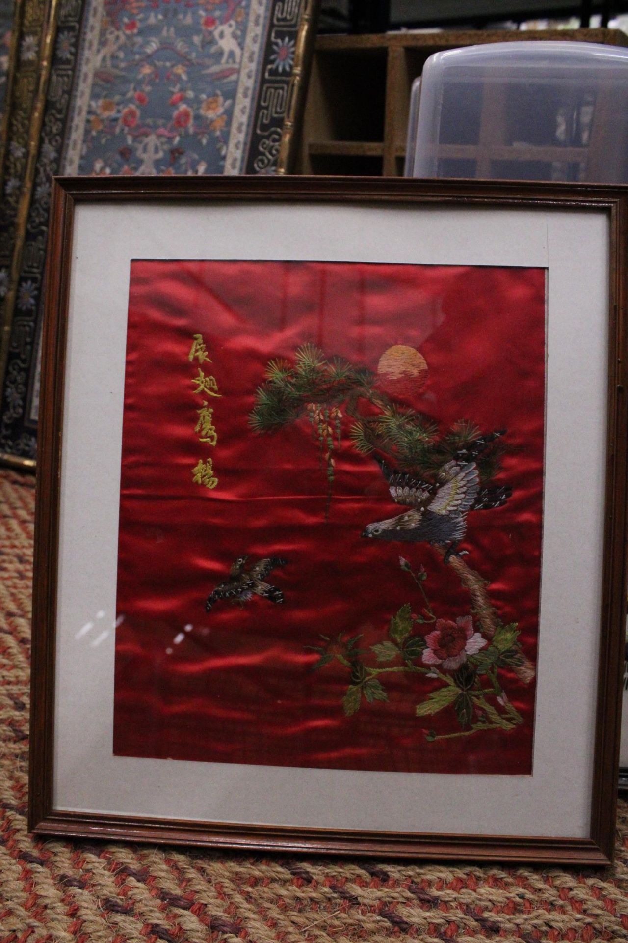 THREE VINTAGE ORIENTAL DEPICTING BIRDS HAND EMBROIDERED SILKS IN FRAMES - Image 2 of 4