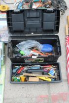 A PLASTIC TOOL BOX WITH AN ASSORTMENT OF TOOLS TO INCLUDE SCREW DRIVERS AND A HAMMER ETC