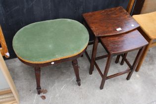 A NEST OF TWO OAK TABLES AND A VICTORIAN MAHOGANY STOOL ON TURNED LEGS