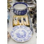 A MIXED LOT OF BLUE AND WHITE WARE TO INCLUDE A CERMANIC BED CHAMBER AND CABINET PLATE PLUS A