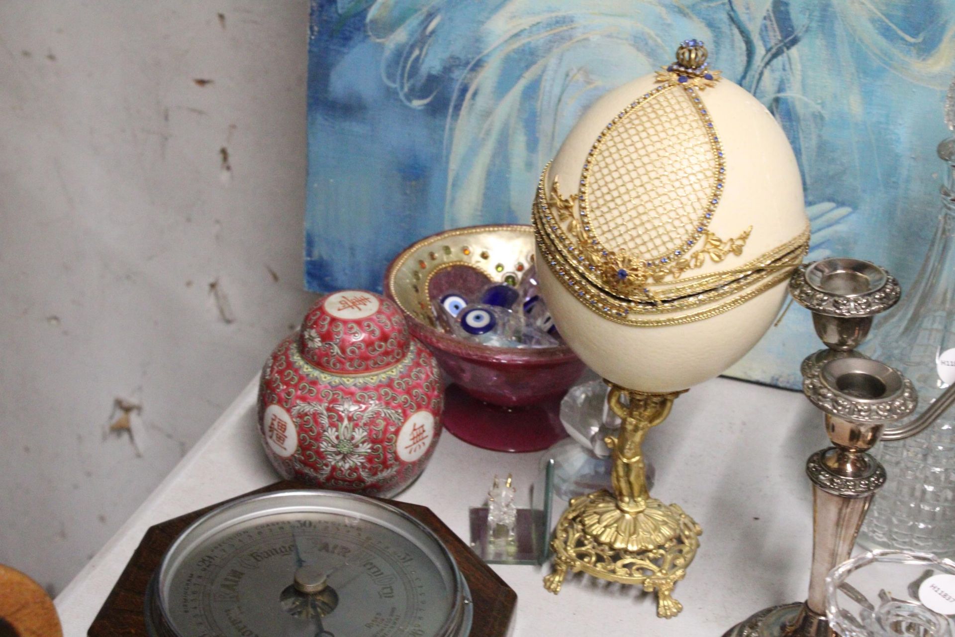A MIXED LOT TO INCLUDE A GOLD PLATED WATCH, FABERGE STYLE EGG ON STAND DEPICTING A CHERUB, - Image 4 of 5
