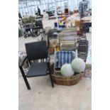 AN ASSORTMENT OF GARDEN ITEMS TO INCLUDE CHAIRS, A WOODEN PLANTER AND A PLANTSTAND ETC