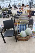 AN ASSORTMENT OF GARDEN ITEMS TO INCLUDE CHAIRS, A WOODEN PLANTER AND A PLANTSTAND ETC