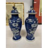 A PAIR OF CHINESE PORCELAIN BLUE AND WHITE PRUNUS PATTERN VASES WITH LID AND FOO DOG FINIAL WITH