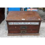 A VINTAGE MAHOGANY TWO DRAWER SEWING CHEST BEARING THE LABEL G L TURNEYS BEST NEEDLES