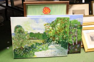 THREE OILS ON CANVAS OF A COUNTRY LANE, COASTAL SCENE AND A FLORAL STILL LIFE
