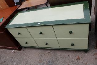 A VICTORIAN STYLE BLANKET CHEST WITH THREE DRAWERS AND THREE SHAM DRAWERS, 57" WIDE