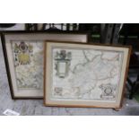 TWO FRAMED PRINTS OF MAPS TO INCLUDE SAXTON'S MAP OF HERTFORDSHIRE, 1577, PLUS WARWICKSHIRE,