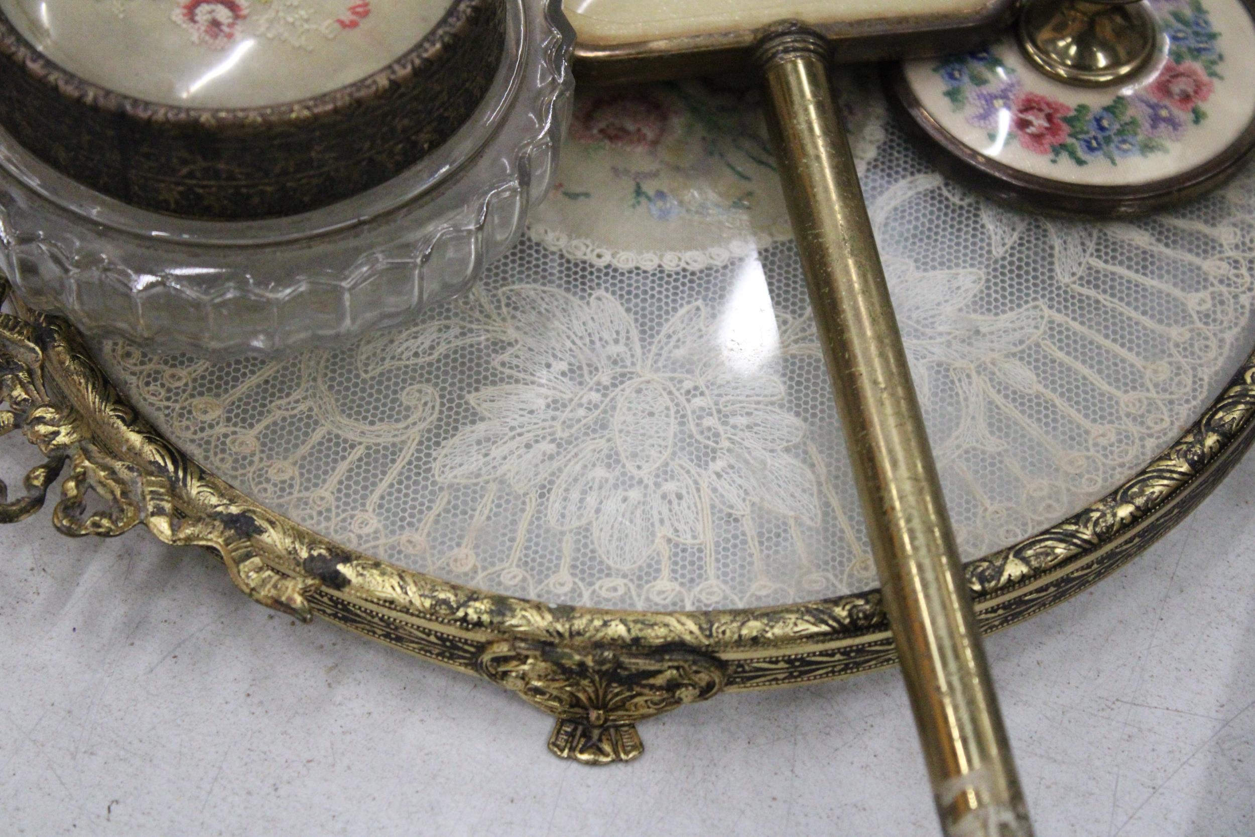 A VINTAGE 'PETIT-POINT' DRESSING TABLE SET TO INCLUDE, CANDLESTICKS, A HAND MIRROR, LIDDED TRINKET - Image 5 of 5