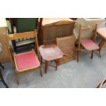A PAIR OF 1950'S FOLDING CHAIRS, SPLIT CANE BACK REST AND SMALL OCCASIONAL TABLE