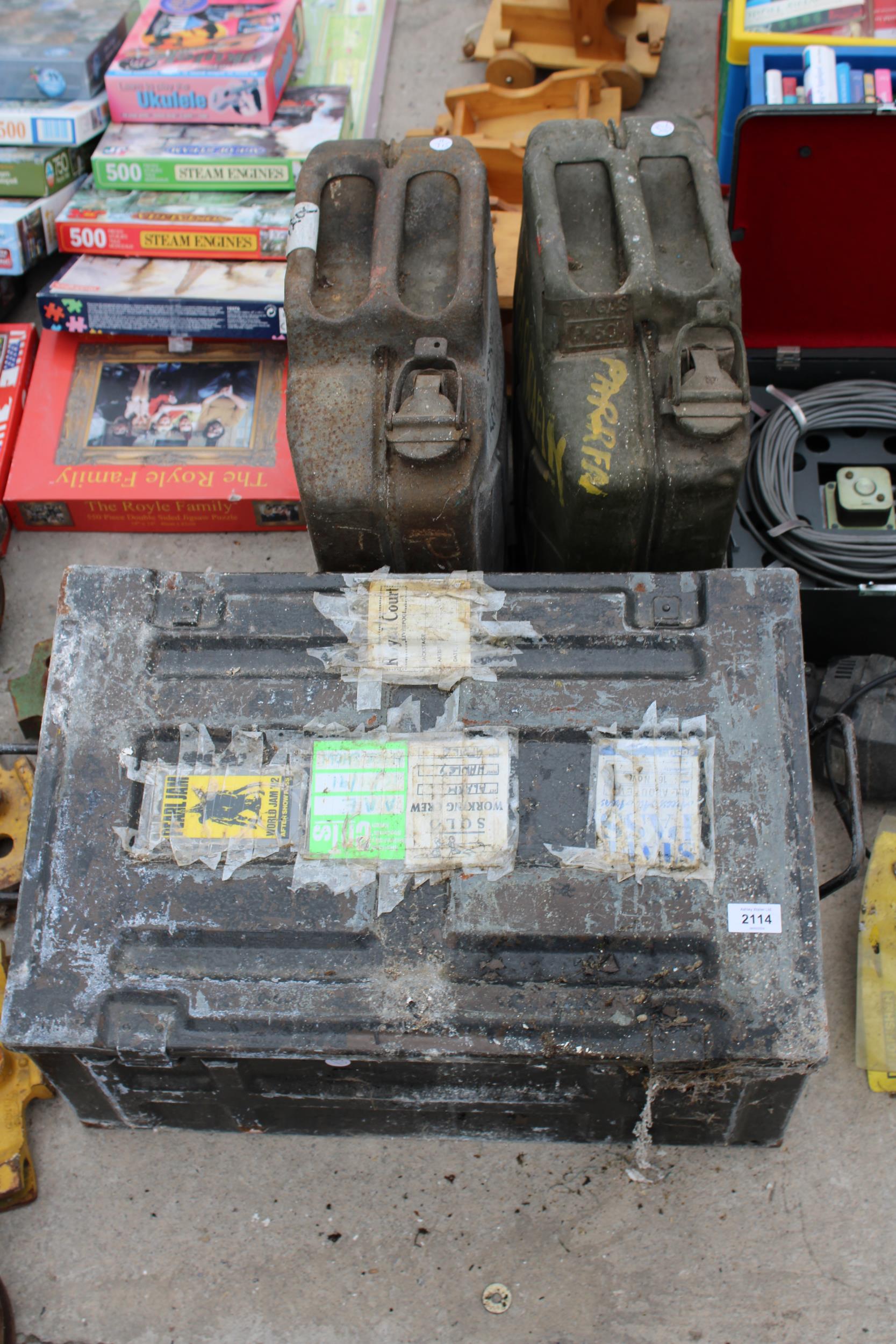 TWO METAL JERRY CANS AND A LARGE AMMO BOX